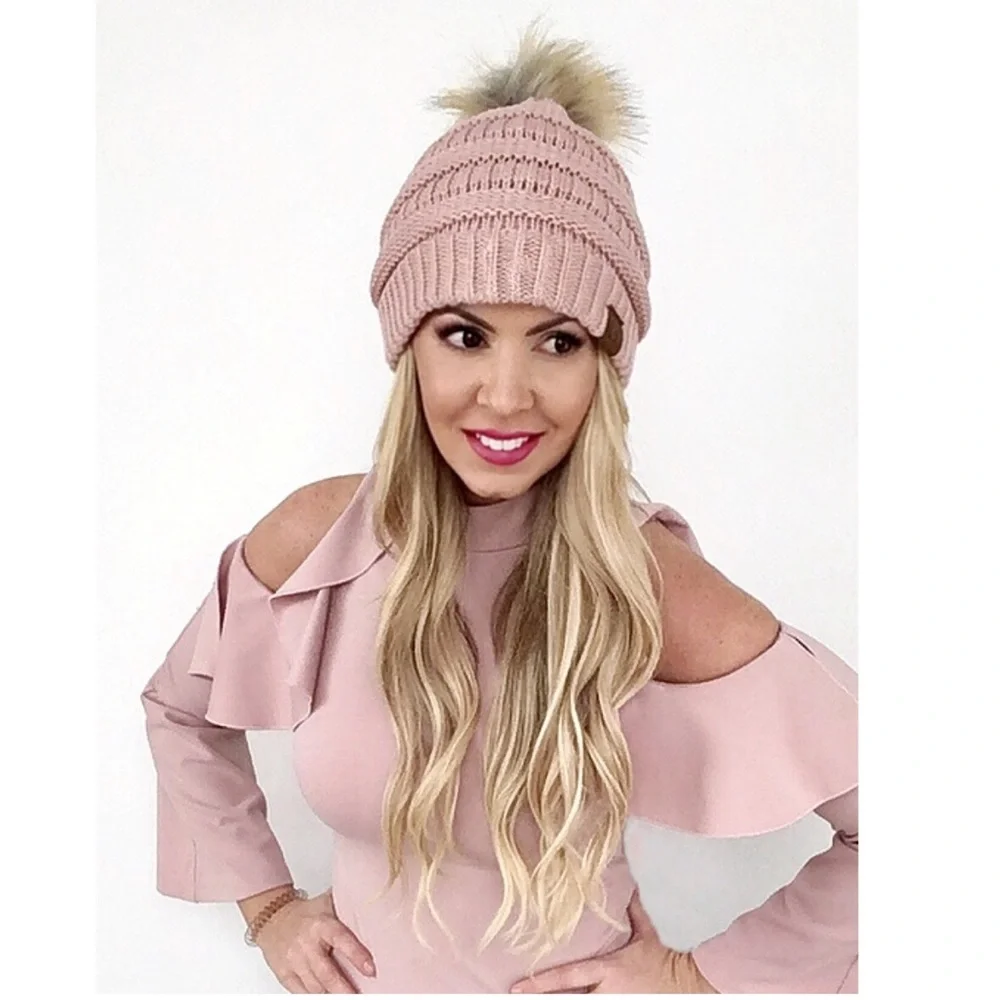 Ivory CC Knit Beanie with Faux Fur Pom